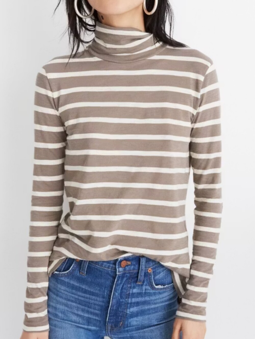 Madewell Striped Cotton Turtleneck - Taupe & White